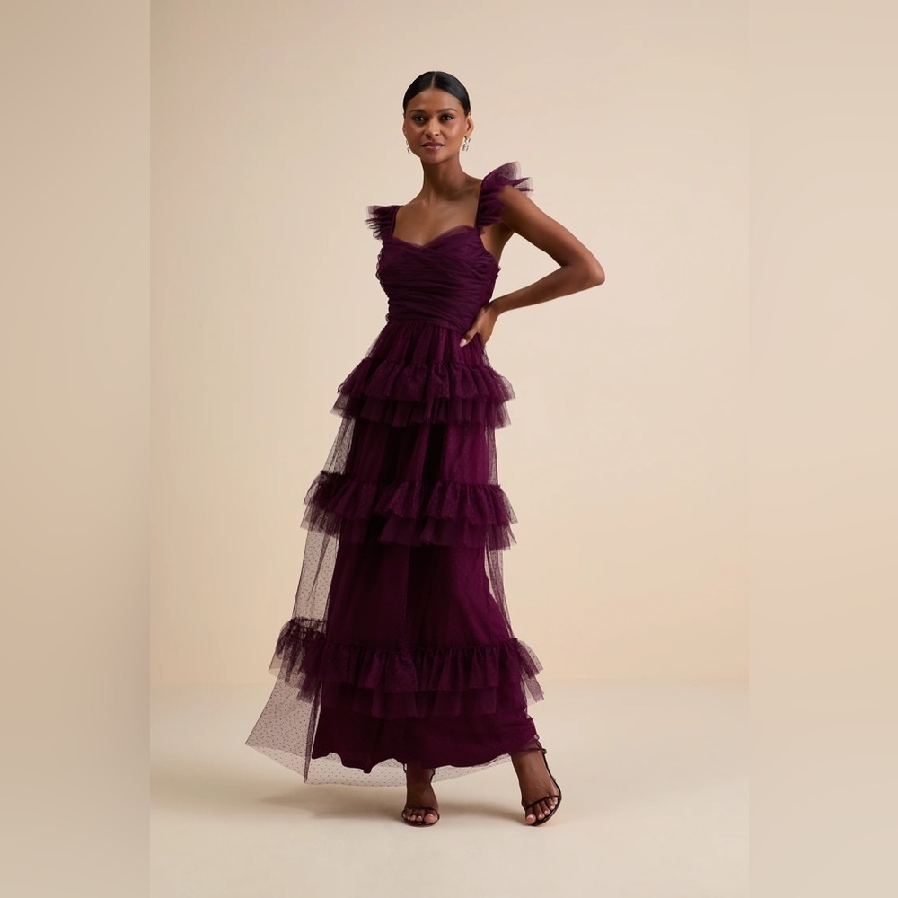 Lulu's Pure Radiance Plum Purple Mesh Swiss Dot Tiered Maxi Dress